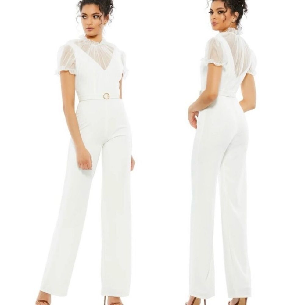 Mac Duggal Nwt Belted Illusion High Neck Cap Sleeve Jumpsuit White Size 12 26621